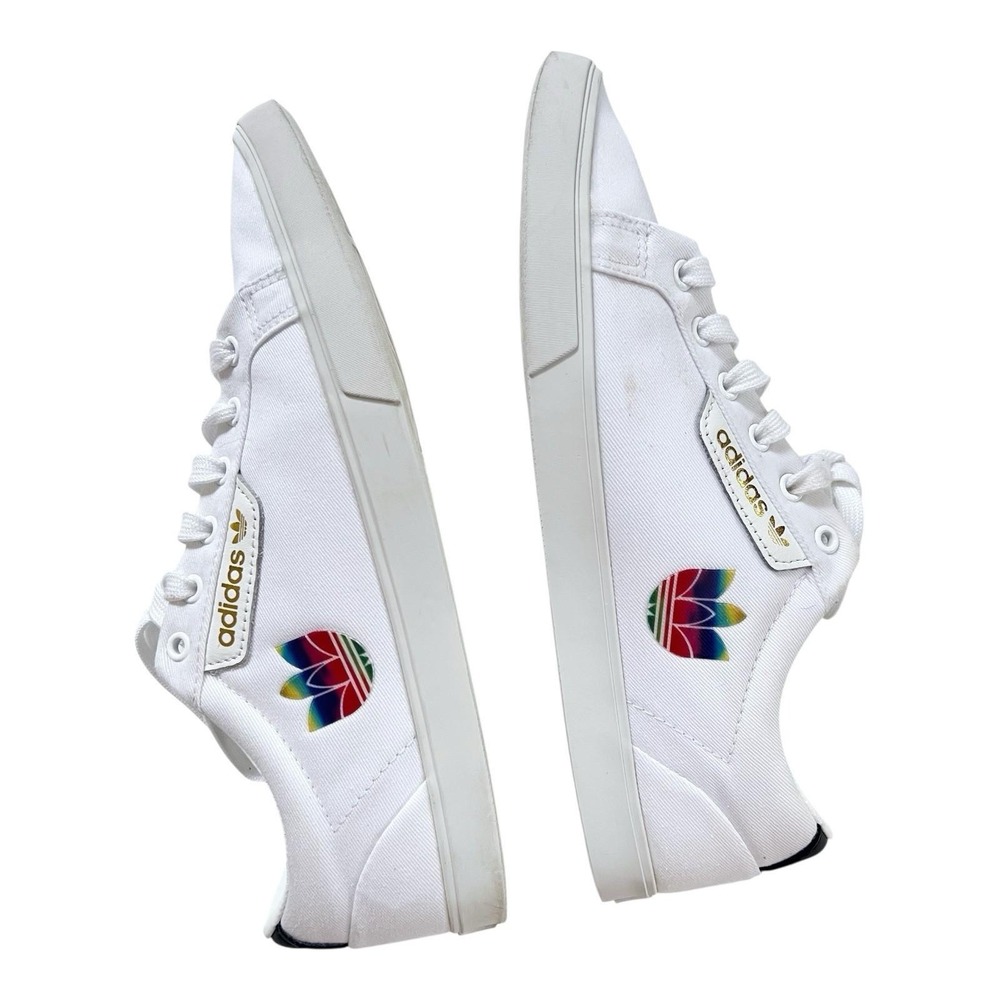Adidas Sleek White Sneakers Rainbow and Gold Logo Canvas Shoes Womens 9M - Picture 5 of 7